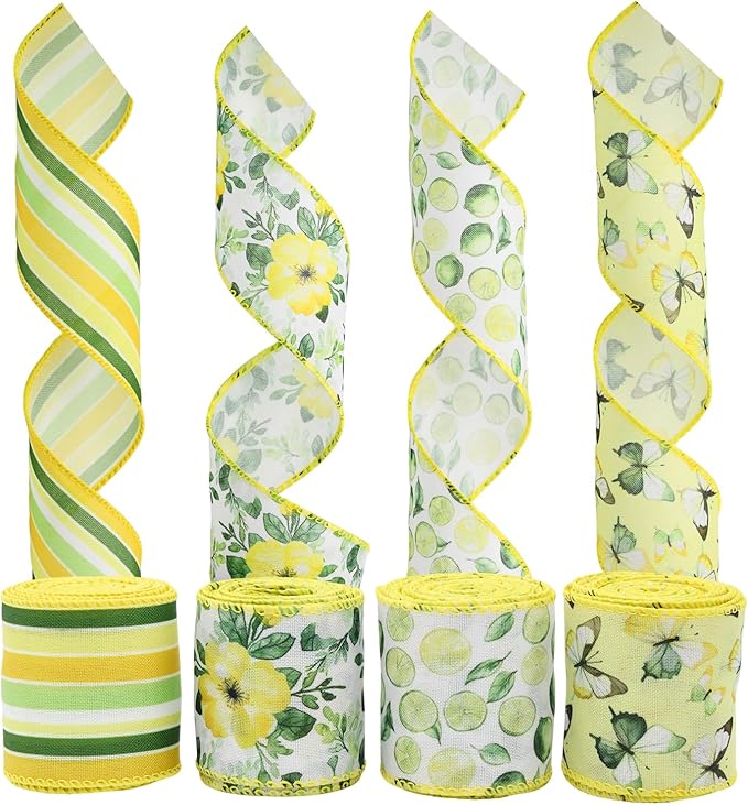 4 Rolls Floral Wired Edge Ribbon – Spring Summer Yellow Grosgrain with Butterfly, Lemon & Flower Motifs for Gift Wrapping, Wedding Decor, DIY Crafts (2.5 Inch, 5 Yards Each)