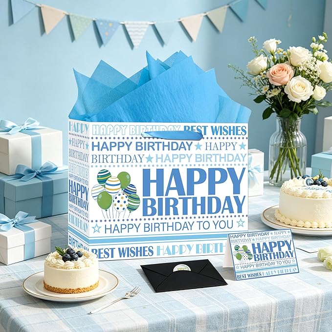 Happy Birthday Gift Bag, White Blue Birthday Bag with Tissue Paper and Greeting Card & Envelope & Sticker, Bithday Wrapping Paper for Men Women, 12.6" Medium Gift Bags Birthday Gifts for Boys Girls (StyleB)