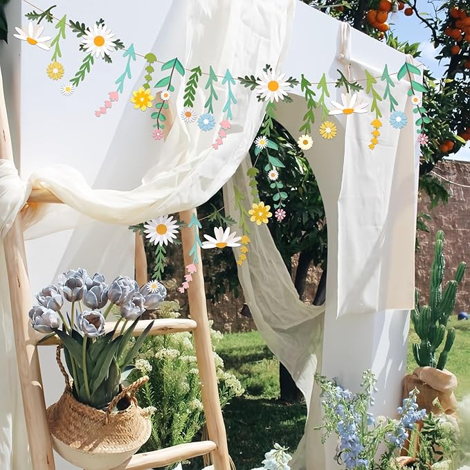Daisy Flower Banner Wildflower Party Decorations Leaves Banner Paper Flower Garland Daisy Groovy for Wall Decoration Spring Baby Shower Wedding Backdrop Decorations