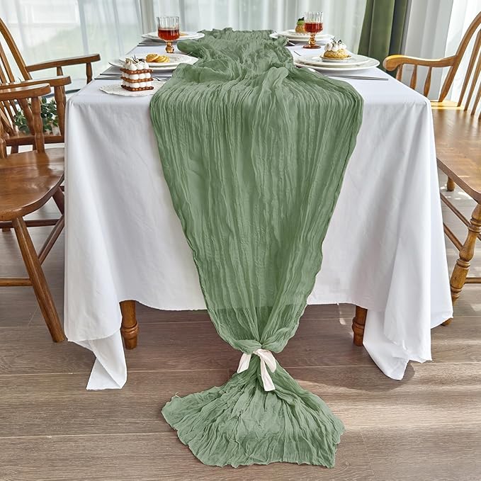 IVAPUPU 4 Pcs Cheesecloth Table Runner - 10ft Sage Green Spring Boho Gauze Cheese Cloth Table Runners for Baby Shower Decorations Wedding Party Garden Farmhouse