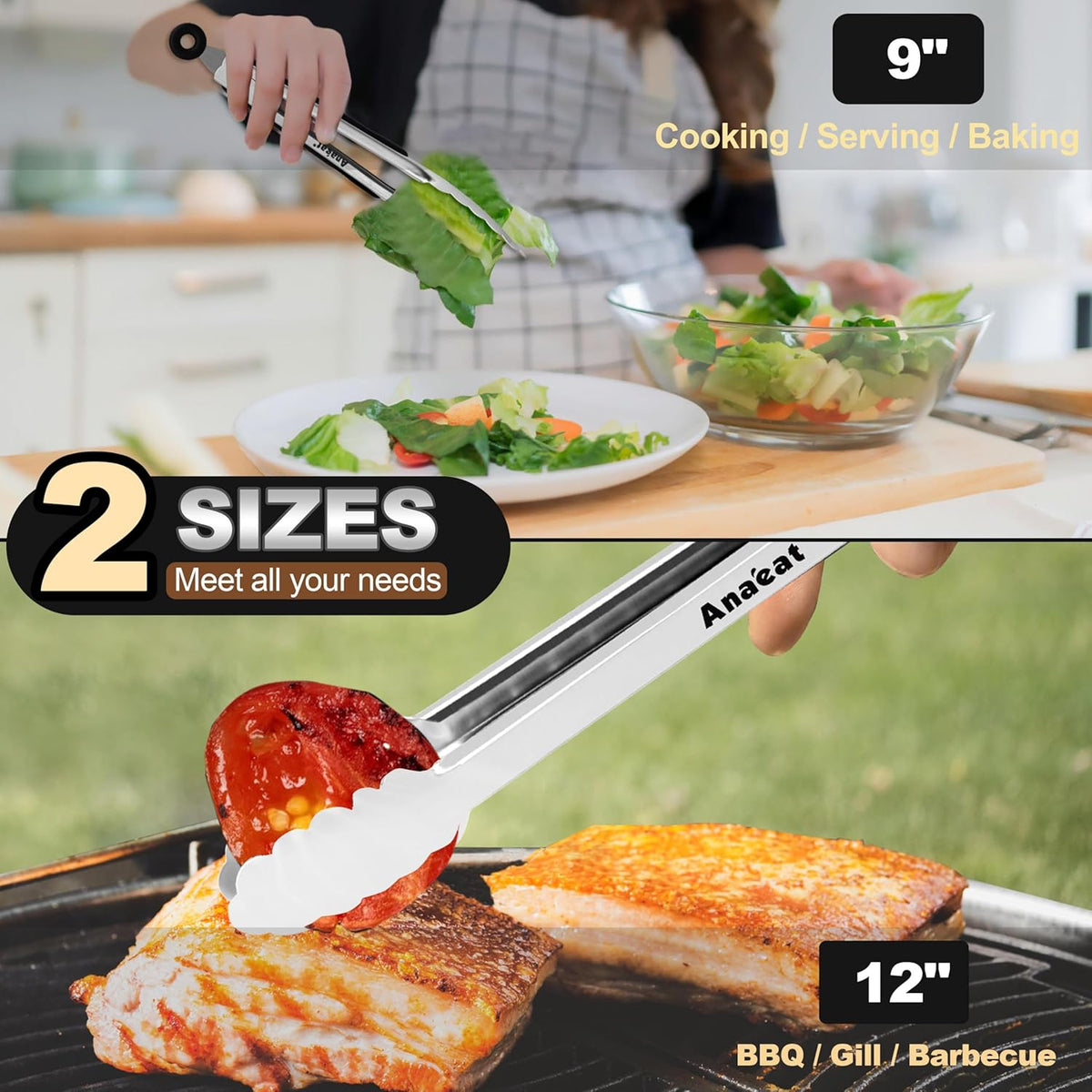 Anaeat Premium Stainless Steel Kitchen Tong Set of 2 - Sturdy Coiled Spring 9" and 12" Locking Food Tong with Non-Slip Silicone Grip for Cooking