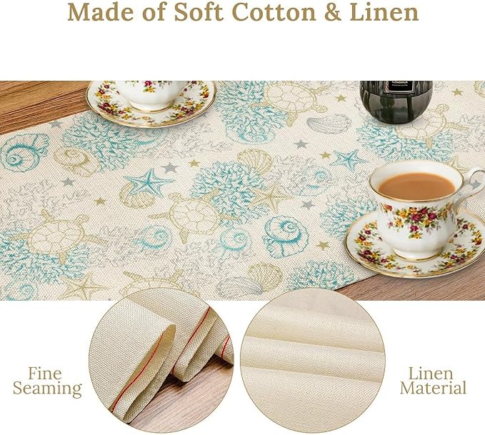 Ocean Coastal Table Runner, Nautical Summer Beach Coral Sea Turtle Table Runner for Kitchen Coffee Dining Bedroom Living Room Dinner 13x60in