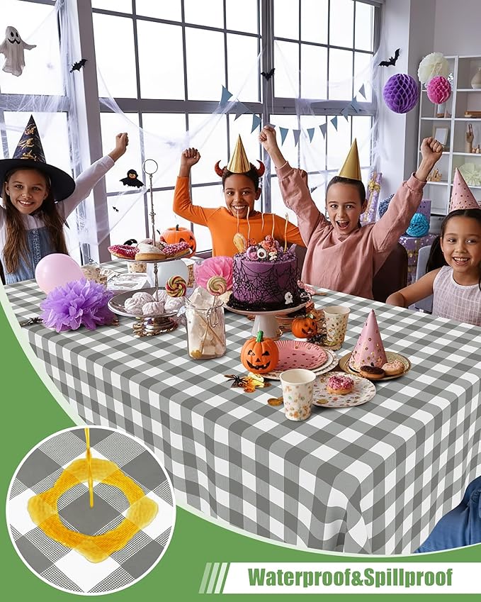 Smiry 8 Packs Gingham Disposable Table Cloth, 54 x 108 Inch Waterproof Plastic Tablecloth, Rectangle Grey and White Checkered Table Covers for Party, Birthday, Picnic, Banquet