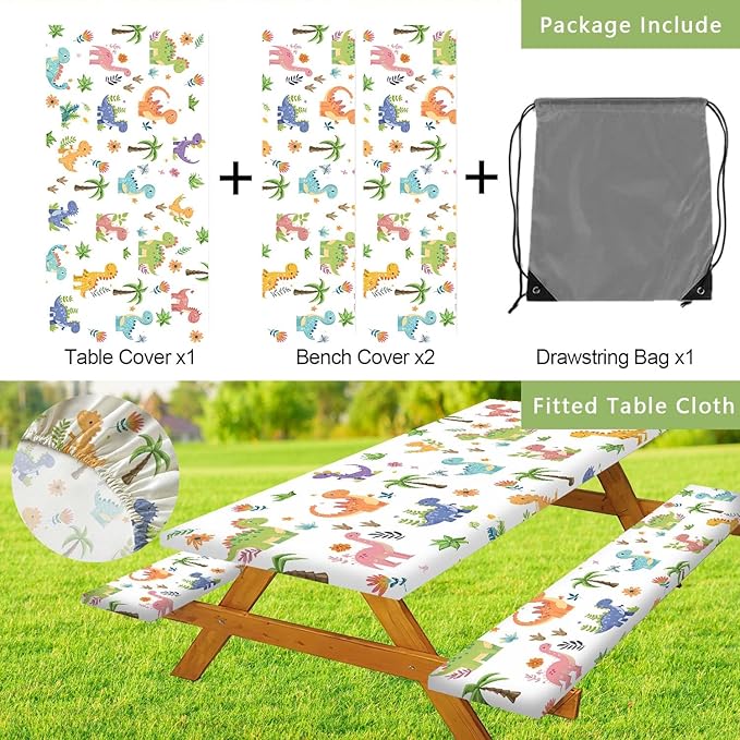 Funny Dinosaur Picnic Table Cover with Bench Covers and Bag, Camping Essentials, Animal Waterproof Windproof Fabric, Fitted Tablecloth Cover with Elastic Edge, for Indoor & Outdoor, 3 PCS, 30x96 Inch