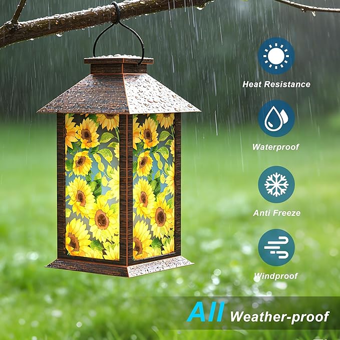 Sunflower Solar Lanterns Outdoor Waterproof, Decorative Solar Lantern with Flickering LED Candle, 13 Inch Hanging Garden Lantern for Porch Patio Yard Decor, Gifts for Women Mom Grandma, 1 Pack