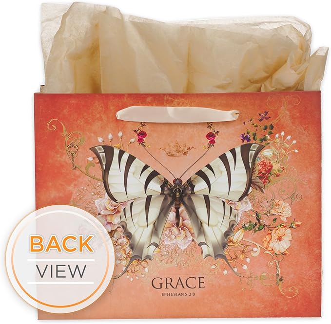 Christian Art Gifts Large Landscape Scripture Gift Bag for Women w/Greeting Card & Tissue Paper Set: Grace - Eph. 2:8 Inspirational Bible Verse, Butterfly Multicolor Floral w/Shiny Gold, Deep Orange