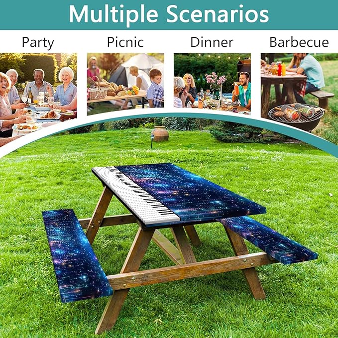 Piano Keyboard Picnic Table Cover with Bench Covers, Camping Essentials, Music Themed Waterproof Windproof, Fitted Tablecloth Cover with Elastic Edge, for Outdoor, Garden, 3 PCS, 30x60 Inch