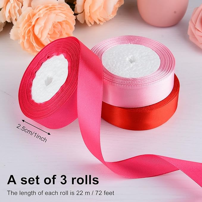 ASTARON Satin Ribbon for Crafts - 1 Inch, Red Pink Solid Color Ribbon Fabric for Gift Wrapping, Bouquets, DIY Hair Bows, Valentine's Decorations
