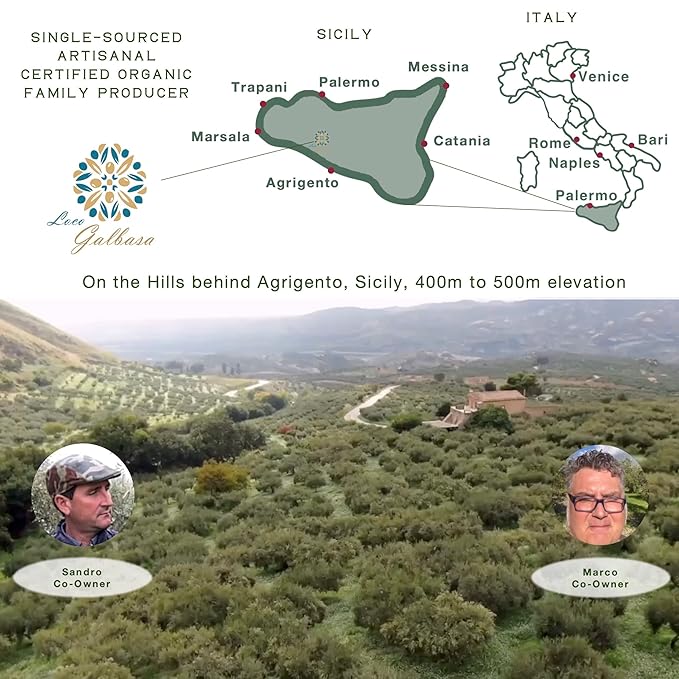 Galbasa - Organic Olive Oil from Sicily, Italy - Extra Virgin, First Cold Pressed, Early Harvest - Polyphenol Rich, Peppery Finish, No Pesticides
