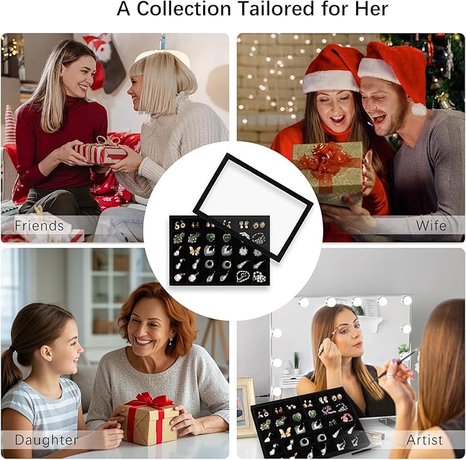 Wudygirl Jewelry Organizer Set of 2 Stackable Jewelry Tray Velvet Earring Holder Organizer 30 Grid Earring Storage with Lid Ring Holder Drawer Inserts Divider Storage for Women (Black)