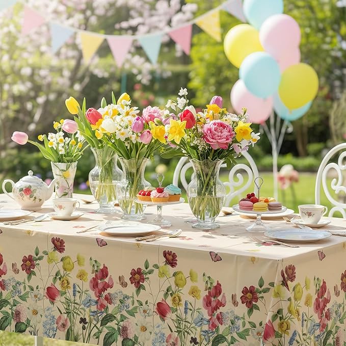 3 Pack Spring Floral Plastic Tablecloths, 54×108Inch Tea Party Tablecloth Rectangle Vintage Table Cloth Butterfly Wildflower Porcelain Table Decor for Garden Wedding Birthday Baby Bridal Shower