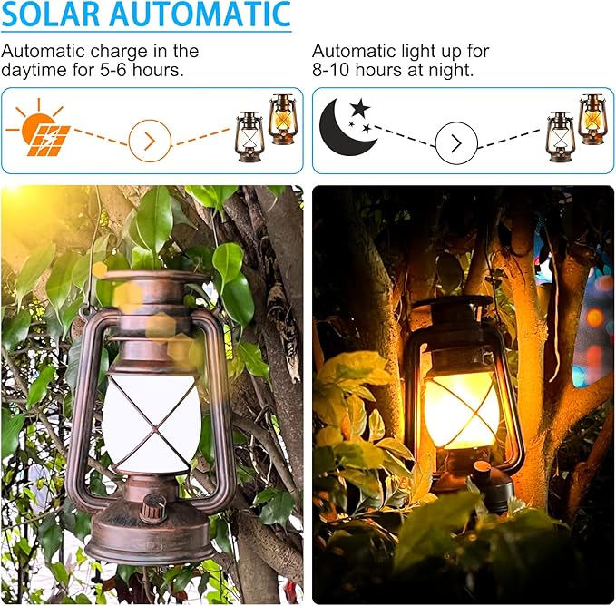 Solar Lantern Outdoor, Hanging Solar Lights Flickering Flame LED Vintage Lantern, Waterproof Camping Lamps, Auto On/Off Landscape Decor for Table Patio Garden Yard Pathway Porch, 2 Pack
