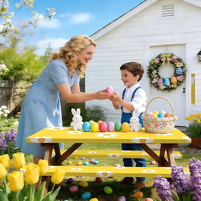 6FT Picnic Table Cover with Bench Covers Set Spring Daisy Decor Waterproof Windproof Camping Rectangle Tablecloths with Elastic Fitted Picnic Table Cover for Easter Spring Table Decor