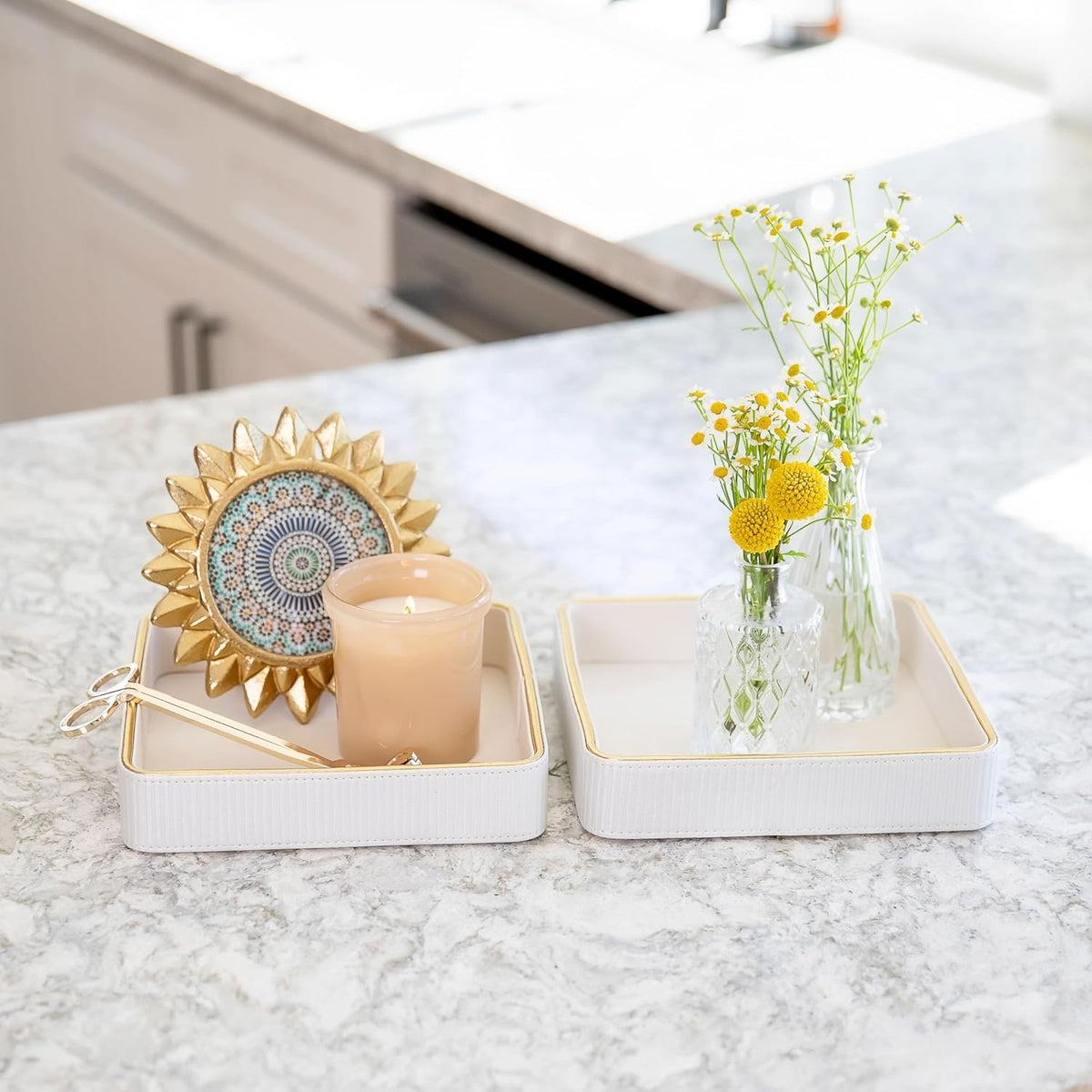 2 Pack White Catch All Trays for Jewelry, Small Leather Valet Tray, Key Bowl for Entryway Table EDC Trinket Tray Catch All