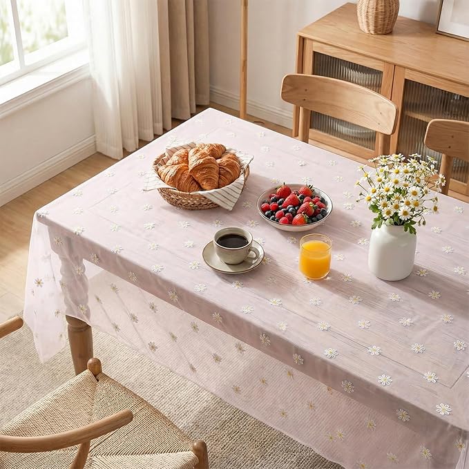 Horaldaily Pink Embroidery Daisy Spring Summer Gauze Tablecloth 60×104 Inch Rectangular, Seasonal Tulle Table Cover, Garden Party Decorations for Wedding, Party, Holiday Dining