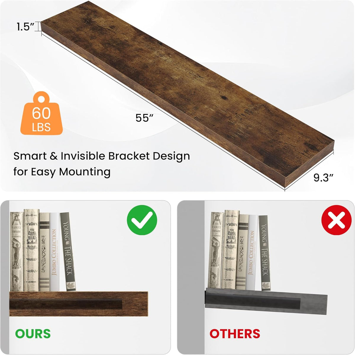 Floating Shelves for Wall, 55"W x 9.3"D x 1.5"H, Long Wooden Wall Mounted Display Shelf with Invisible Brackets for Living Room, Bedroom, Bathroom