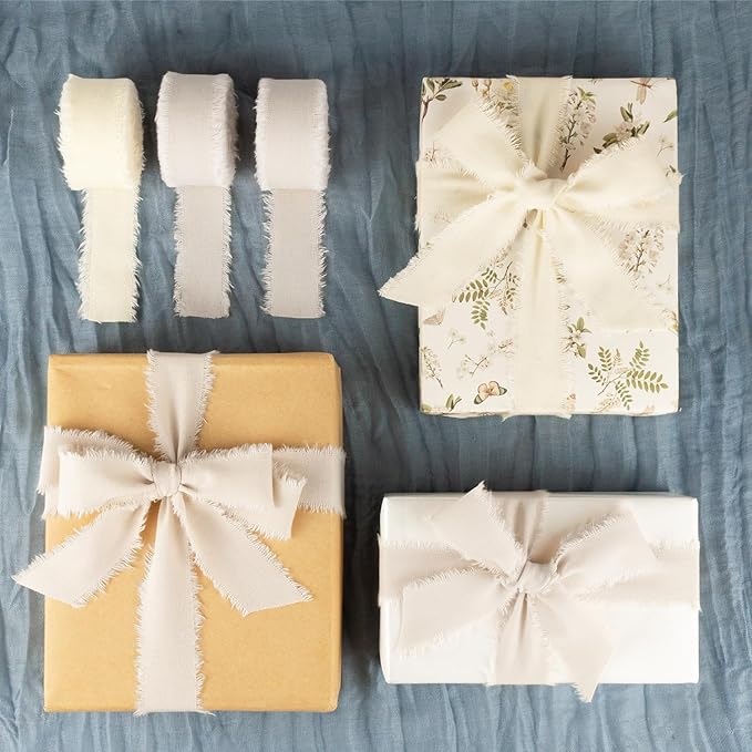 Linen Cotton Ribbon 1 Inch Linen 3 Rolls 21 Yards Frayed Edge Fabric Set for Rustic Wedding Decor, Bridal Bouquet Wrap, Farmhouse Decor, Table Setting & Gift Wrapping