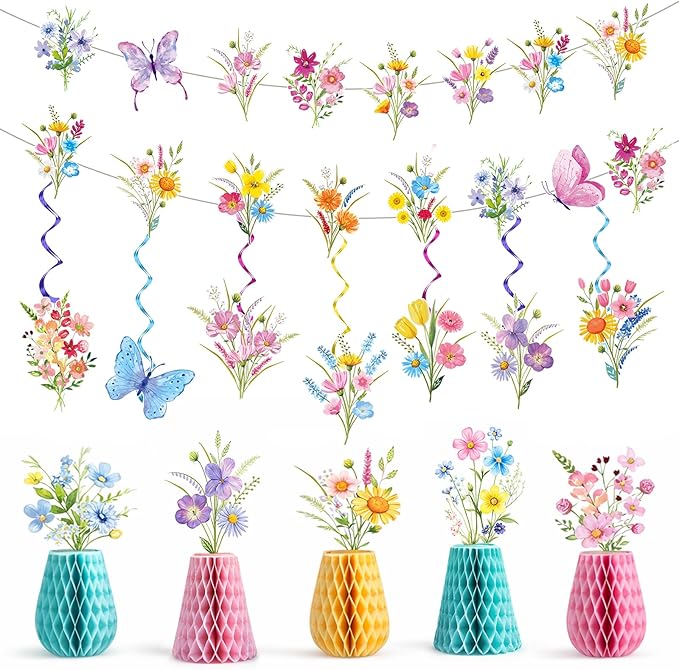 14PCS Spring Wildflower Party Decorations Wild Flower Garland Floral Banners Hanging Swirls Flower Honeycomb Centerpieces for Easter Baby Shower Wedding Garden Birthday Butterfly Party Decor Supplies