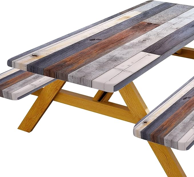 Picnic Table Cover with Bench Covers Rustic Farmhouse Waterproof Windproof Fitted Outdoor Patio Camping Rectangle Tablecloth 96x30 Inch Elastic Edges
