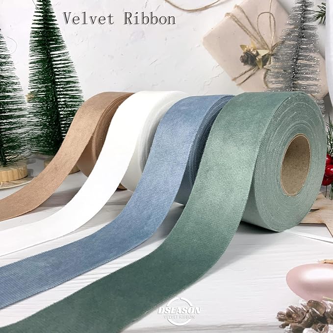 Velvet Ribbon Set 1.5" x 10 Yards, 1 Rolls, Dseason Handmade Dusty Blue Velvet Ribbon Set for Gift Wrapping & Bow Making, Christmas Tree, Wreath Decoration, DIY Crafts Decoration
