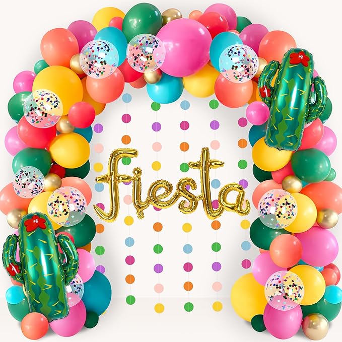 Geefuun Cinco De Mayo Fiesta Party Decorations - Mexican Themed Balloons Garland Arch Kit + Circle Dot Garland for Birthday Decor Supplies (No Air Pump)