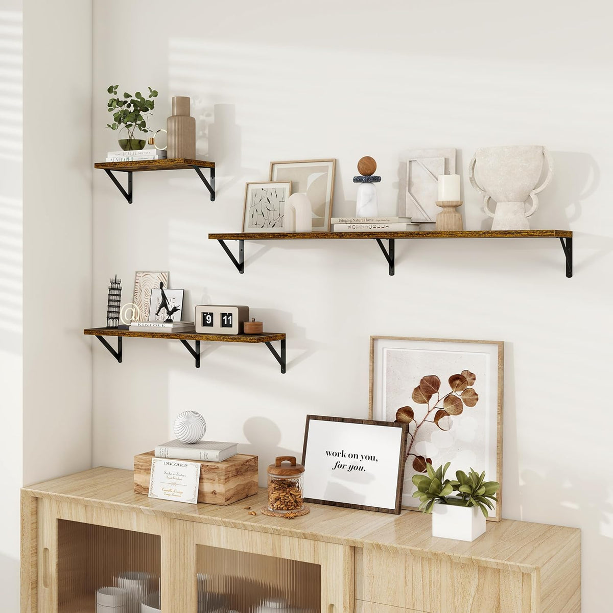 Dreamland Dark Brown Floating Shelves, 24W x 8D Wall Mounted Shelves Set of 2, Wide Display Ledge Shelf with Sturdy Metal Brackets for Living Room