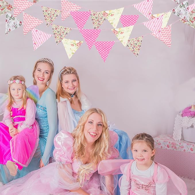 Zwiebeco 32Ft Pink Floral Fabric Bunting Triangle Flags Cotton Flower Pennant Banner Decoration for Birthday Wedding Engagement Baby Shower Tea Party Spring Rustic Village Home Garden Décor