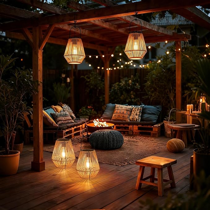 2 Pack Rattan Solar Lanterns Outdoor Waterproof, Boho Solar Lights, Outdoor Garden Lights, Hanging Lanterns Decorative Birthday Gifts for Mom Grandma, Outdoor Lanterns for Porch, Patio