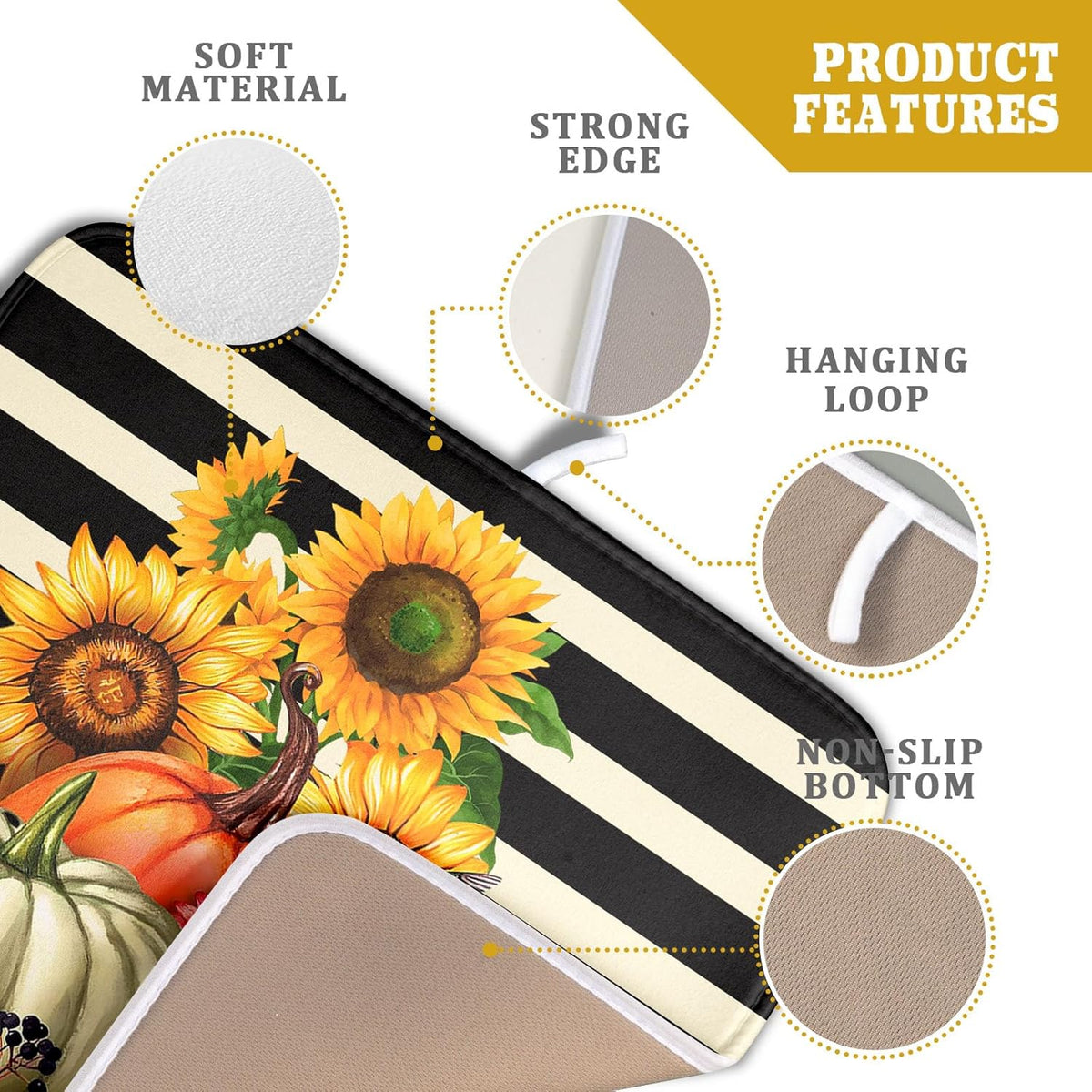Sunflower Pumpkin Dish Drying Mat for Kitchen Counter,Black and White Stripe Drying Mat 16 x 18 Inch with Absorbent Reversible Microfiber Dish Drying