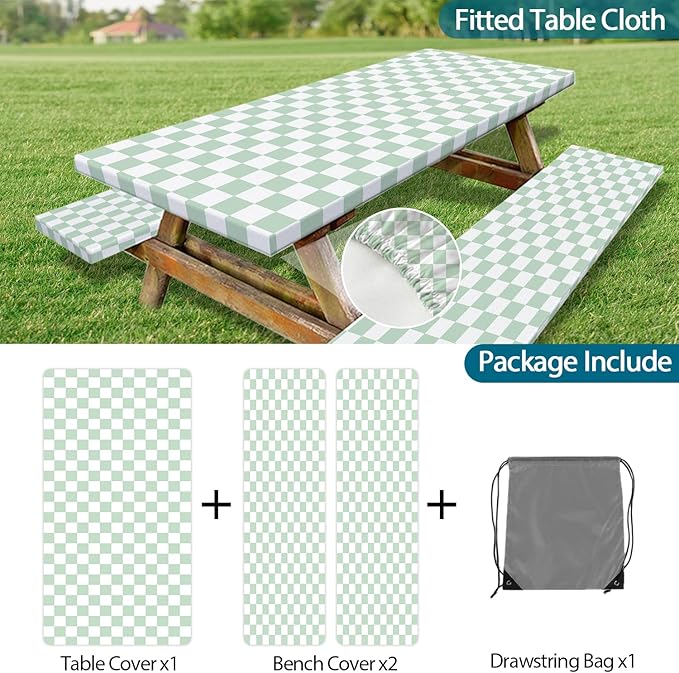 Picnic Table Cover with Bench Covers and Bag, Sage Green and White Checkered Buffalo Plaid Camping Tablecloth Waterproof Elastic Edges Fitted Gingham Tablecloth for Outdoor Garden 3PCS 30x96 Inch
