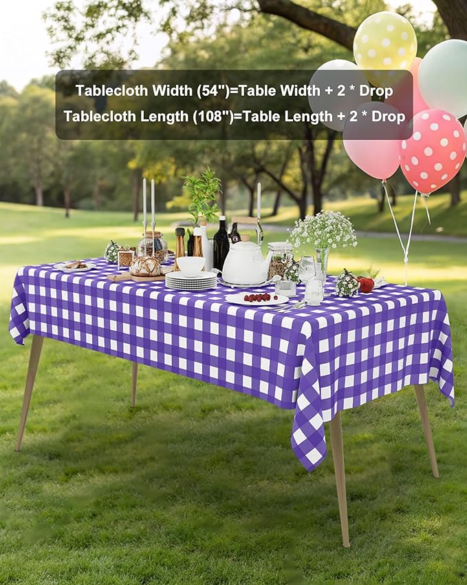 Smiry 8 Packs Gingham Disposable Table Cloth, 54 x 108 Inch Waterproof Plastic Tablecloth, Rectangle Purple and White Checkered Table Covers for Picnic, Birthday, Party