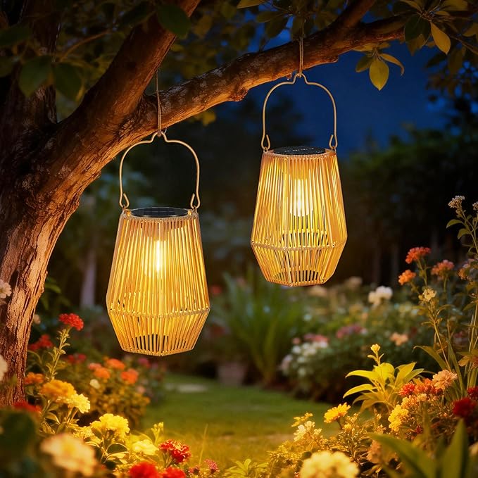 Solar Lanterns Outdoor Waterproof, Hanging Rattan Woven Solar Lights with Auto On/Off, Decorative Gifts for Mom Garden, Yard, Patio, Tree, Porch, Lawn, Pathway & Outside Tabletop Decor