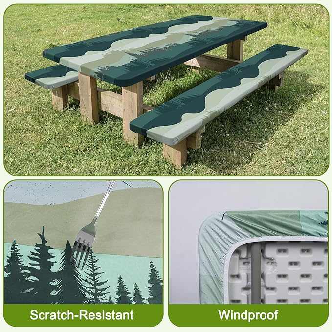 Picnic Table Cover with Bench Covers Windproof Waterproof Picnic Table Covers Camping Tablecloth with Self-Storage Bag, 96in, Green Blue