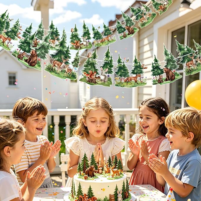 SUNBEAUTY Woodland Animals Banner 6.56FT Babyshower Party Decoration,Waterproof 2-Side Printed Garland Bunting with Tree Bear Fox Deer Rabbit for Kids Nursery Livingroom Gender Reveal Birthday