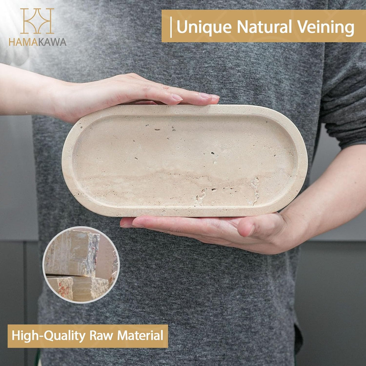 Bathroom Vanity Tray, Natural Marble Oval Sink Tray 10 Inch, Beige Travertine Vanity Tray for Soap Dispenser Modern Countertop Organizer for Kitchen