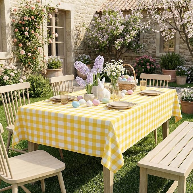 Smiry 8 Packs Gingham Disposable Table Cloth, 54 x 108 Inch Waterproof Plastic Tablecloth, Rectangle Yellow and White Checkered Table Covers for Picnic, Birthday, Party