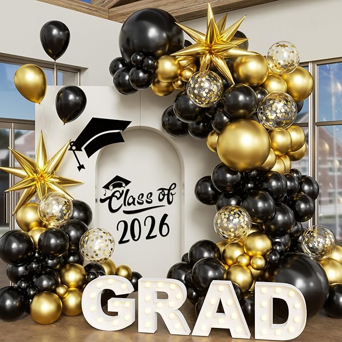 Black Gold Balloon Arch Kit Graduation Decorations 2026, 130Pcs Black and Gold Balloons and Foil Star Balloon with Confetti Ribbons Grad Party Decorations for College High School Class of 2026
