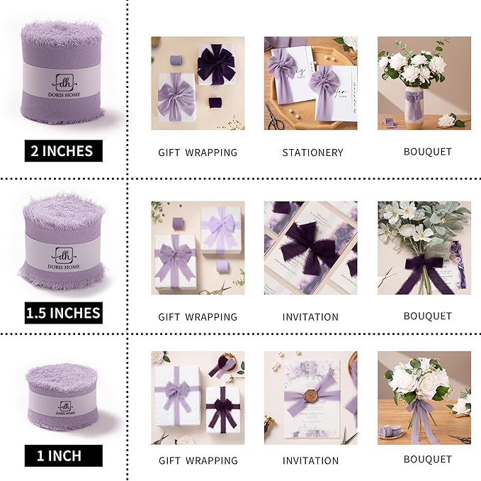DORIS HOME Pastle Purple Chiffon Ribbon for Flower Bouquet, 2" x21Yd Fabric Ribbon for Gift Wrapping, Handmade Frayed Ribbon for Wedding/Christmas Decorations