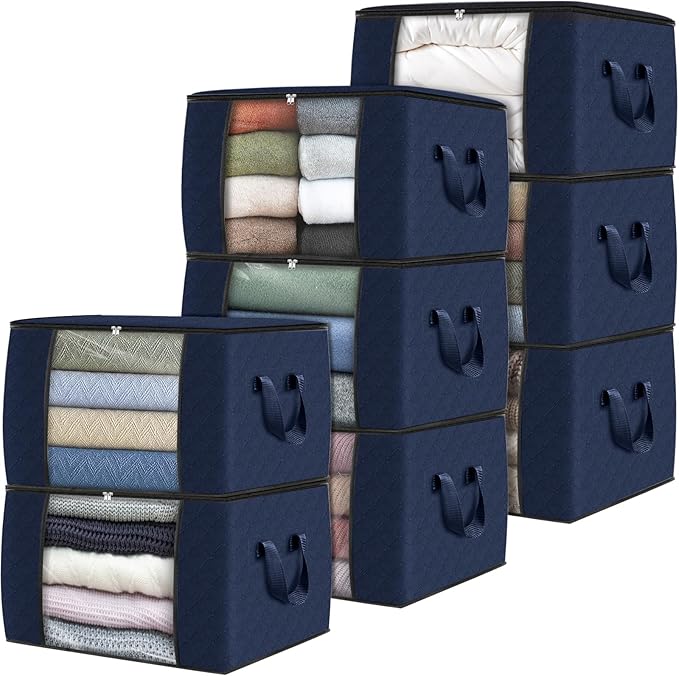 Fab totes Storage Bags,Clothes Blanket Storage Bins Foldable Closet Organizers with Reinforced Handle for Home Dorm Storage and Organization,Fabric Bags for Organizing Sheets,Clothing (Blue,8 Pack)