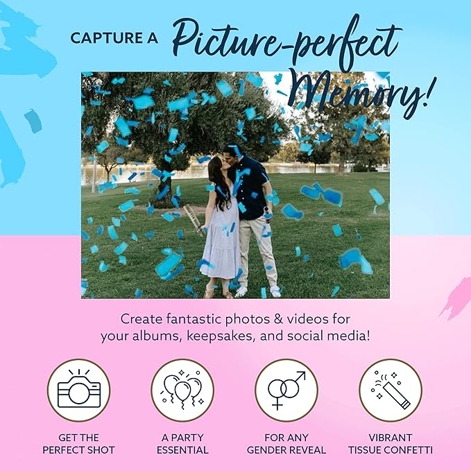 Revealations Gender Reveal Confetti Cannon - Set of 4 (2 Pink, 2 Blue) Gender Reveal Party Supplies Air Compressed Confetti Poppers - Biodegradable Tissue for Party Celebrations