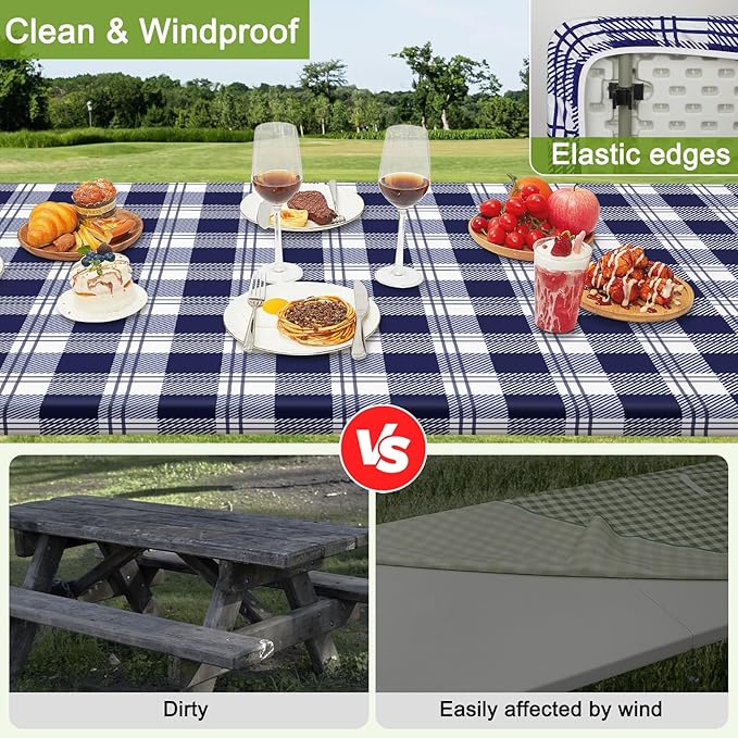 Picnic Table Cover with Bench Covers Portable Table Cloth Built-in Storage Pocket Fitted Tablecloth with Elastic Edges Waterproof Camping Essentials for Indoor Outdoor Rv,96in,Blue