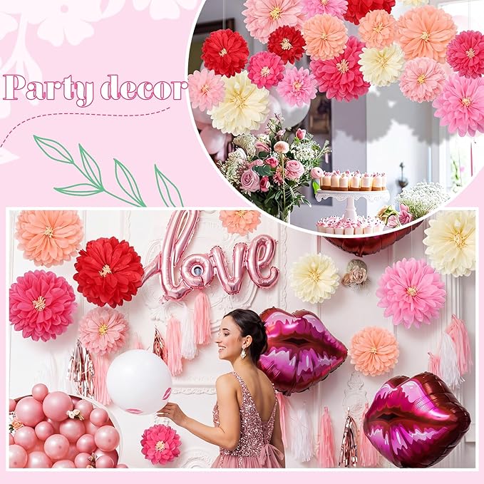 Geyee 18 Pcs Mexican Paper Flowers Colorful Fiesta Tissue Paper Flowers Pom Poms Mexican Carnival for Floral Party Backdrop Wedding Birthday Party Craft(Pink Series,10" 12" 14")
