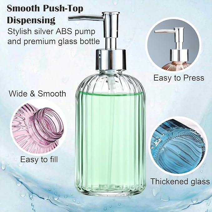 Green Glass Soap Dispenser: 400ml 13.5Oz Refillable Hand Soap Dispenser with Pump for Kitchen Bathroom Shower, Decorative Modern Liquid Soap Dispenser for Dish, Hand Soap, Body Wash, Lotion