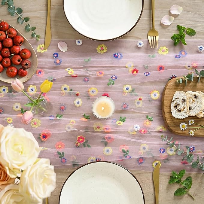 Artoid Mode 6PCS Pink Embroidery Daisy Gauze Table Runner 120 Inch 10FT, Seasonal Sheer Kitchen Dining Holiday Wedding Birthday Table Decor for Home Party