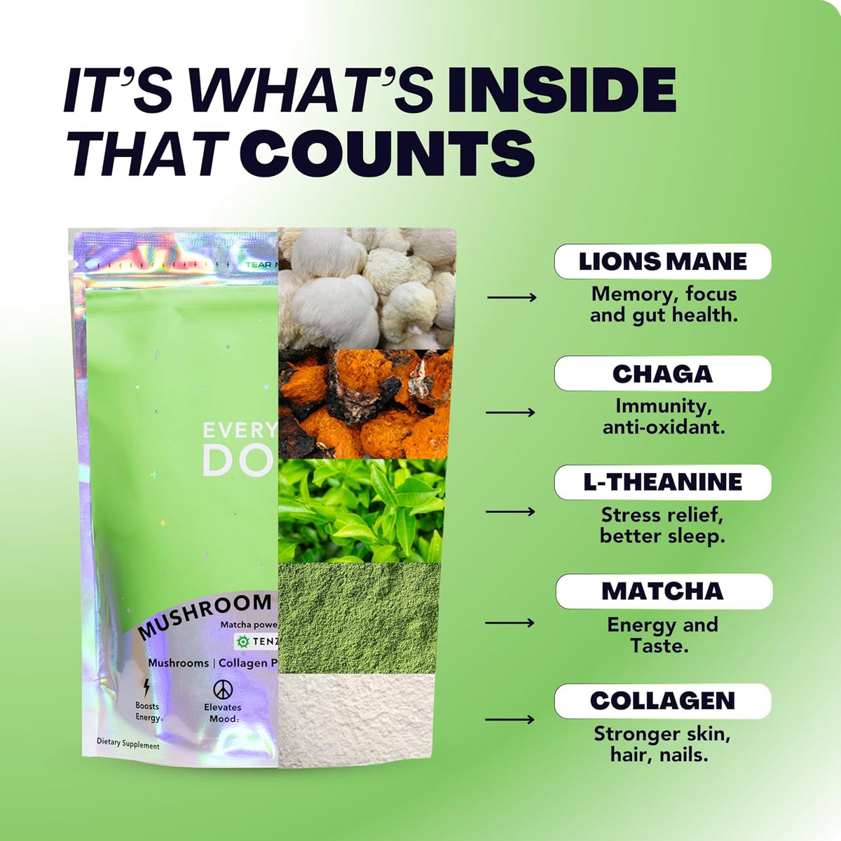 Everyday Dose Mushroom Matcha+ Ceremonial Grade Matcha Powder - Japanese Tea With Grass-Fed Collagen, Lion's Mane, Chaga, L-Theanine