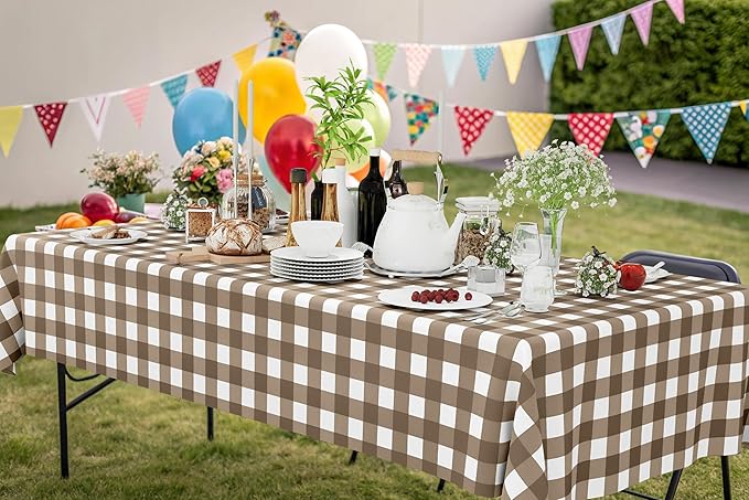 Smiry 6 Pack Brown Gingham Disposable Tablecloths - 54" x 108" Heavy Duty Plastic Table Cloth, Waterproof Buffalo Plaid Table Covers for Picnic, Banquets, Outdoor Parties