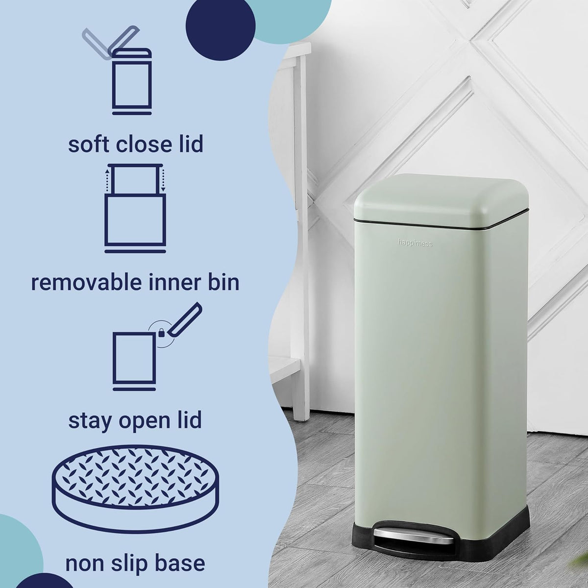 happimess HPM1007E Betty Retro 8-Gallon Step-Open Trash Can with Soft-Close Lid, Fingerprint Resistant, Modern, Minimalistic for Home, Kitchen, Laundry Room, Office, Bedroom, Bathroom, Mint Green
