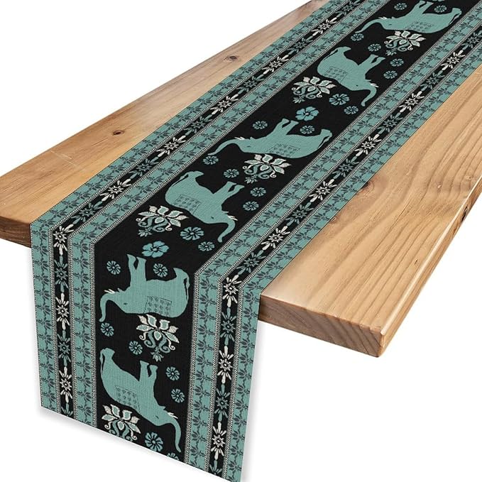 African Tribal Table Runner, Boho Elephants Tribal Traditional Indian Diwali Animal Blue Ethnic Rustic Coffee Table Center Decor for Home Kitchen Holiday Party Outdoor Table Decorations, 13"x90"