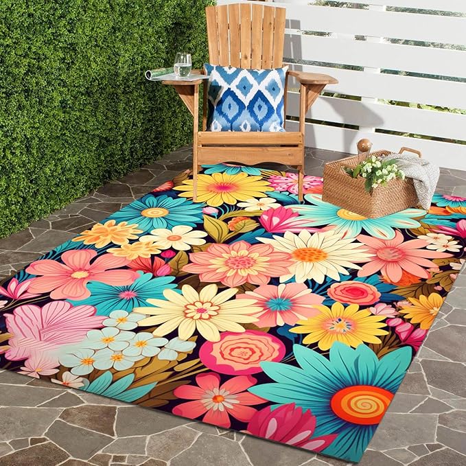 Large Floral Outdoor Rug for Patio Balcony Deck Camping Poolside Garden Machine Washable Waterproof Porch Backyard Outside Carpet 3x5 Blue Yellow Pink Flower Mat Easy Clean