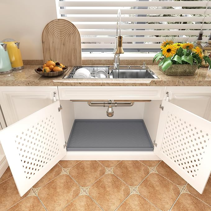 TigeJoy 28" x 22" Under Sink Mats for Kitchen Waterproof, Leak-Proof Silicone Mat Sink Protector and Cabinet Liner, Kitchen Essentials Organizer and Storage, Boot or Shoe Tray, Pet Feeding Mat